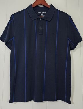 Banana Republic Polo Shirt Mens M Navy Blue Stripe Pique Cotton Preppy